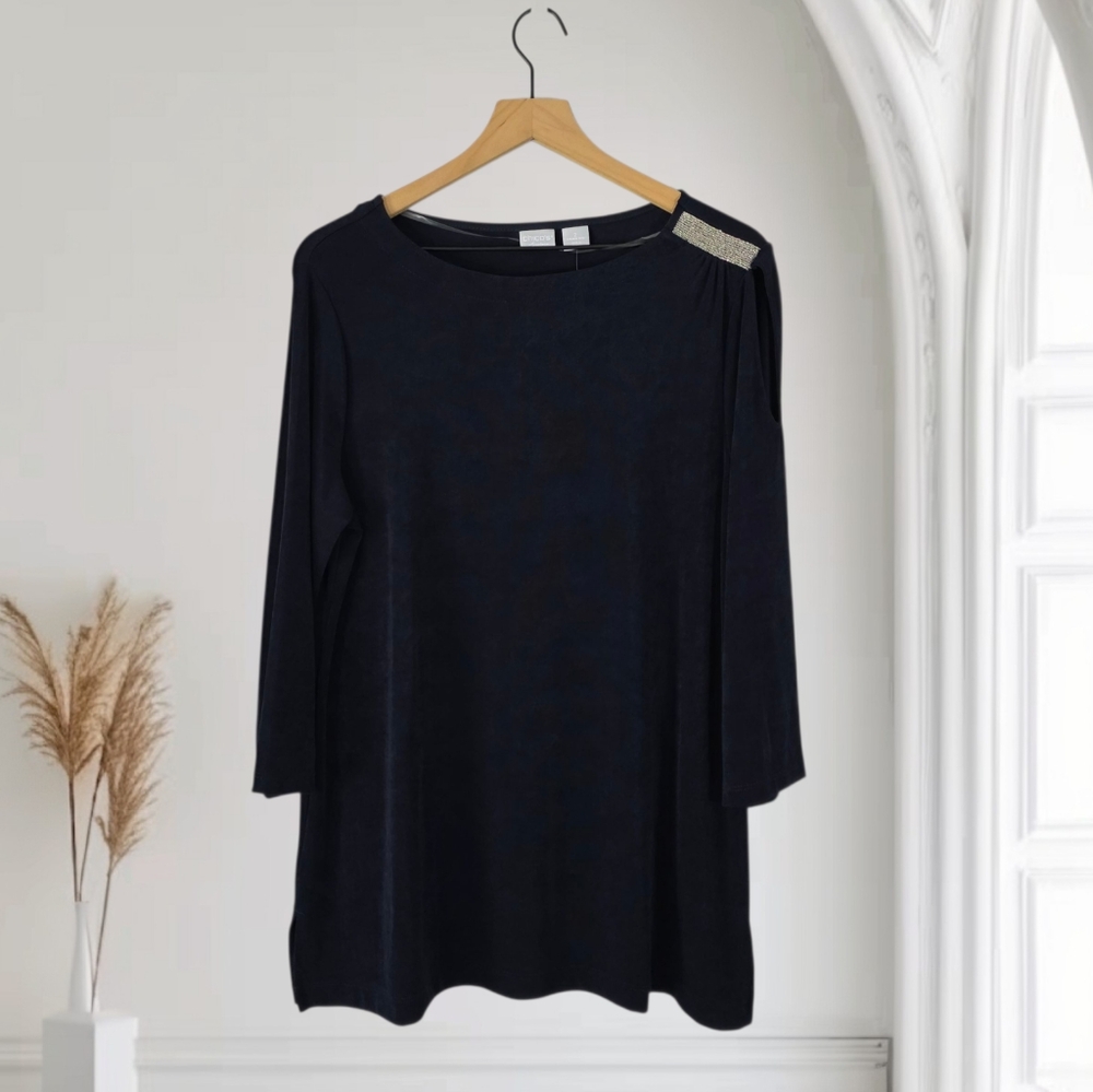 CHICOS Travelers Navy Cut-Out Silver Sparkle Trim 3/4 Sleeve Top Size Large NWT